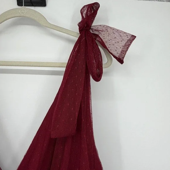 Arula Burgundy Swiss Dot Tulle Tiered Maxi Dress Size B Sleeveless Tie Shoulder - Picture 4 of 5